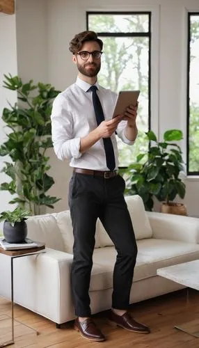 Interior designer, standing, gesturing, (30yo), short brown hair, glasses, professional attire, white shirt, black trousers, leather shoes, holding a tablet, pointing at a design, modern living room, 