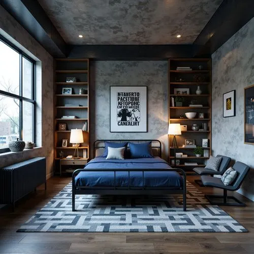 loft,great room,modern room,bookcases,sleeping room,bookshelves,bookcase,modern decor,contemporary decor,interior design,chambre,lofts,book wallpaper,interior modern design,livingroom,blue room,danish room,guestroom,bookshelf,one room