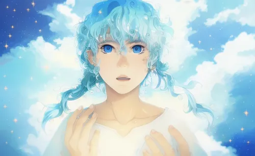 blue hair, blasian boy, cosmic background,forget me not,forget-me-not,crying angel,neptune,starry sky,cyan,clouds - sky,angel's tears,myosotis,forget me nots,celestial,vocaloid,blue sky,starlight,blue