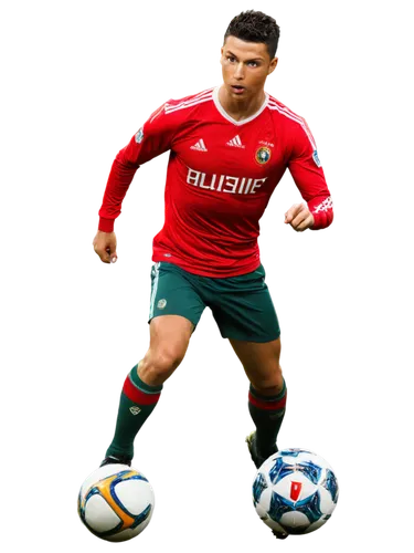 Cristiano Ronaldo, athletic build, short spiky hair, sharp facial features, bright eyes, strong jawline, fit physique, soccer jersey, shorts, cleats, ball at feet, dynamic pose, action shot, stadium b