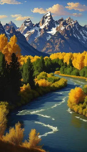 autumn mountains,fall landscape,autumn landscape,river landscape,autumn background,landscape background,mountain landscape,patagonia,mountain scene,denali,autumn scenery,golden autumn,mountainous landscape,aspen,nature landscape,world digital painting,mountain river,teton,beautiful landscape,mountain range,Illustration,Realistic Fantasy,Realistic Fantasy 18