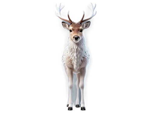 Reindeer, antlers, majestic, detailed fur, brown eyes, soft nose, white belly, legs bent, standing, snowflake-like patterns on back, velvet texture, warm lighting, shallow depth of field, 3/4 composit