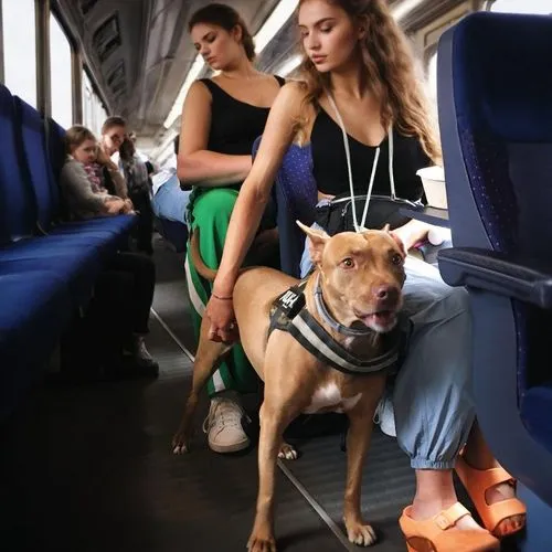 In the train aisle: pretty, young Russian girl with her dog. String tank top. Very long wavy hair. Open eyes. The ticket inspector enters the picture from the left.,train seats,train ride,animal train