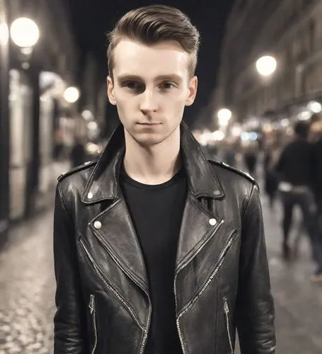 leather jacket,pompadour,young model istanbul,black leather,beatnik,leather,capuchin,tom-tom drum,black coat,ervin hervé-lóránth,male model,city ​​portrait,pomade,boulevard,on the street,vintage boy,alex andersee,rockabilly style,twitter icon,photo session at night,Photography,Realistic