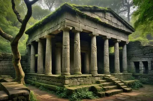 Ancient Greek architecture, grandiose stone columns, ornate font carvings, intricate details, weathered stone walls, crumbling edges, overgrown with vines, abandoned temple, misty atmosphere, warm sun