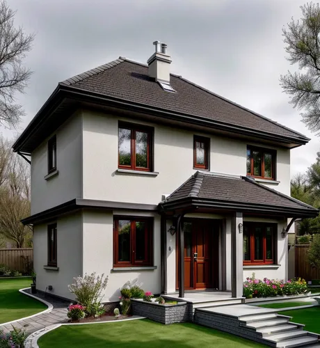 Small Single storey house,  circular garage,  small swimming pool and green grass. Flowers are blooming in the garden. Background is hard fork.,exterior decoration,two story house,house insurance,hous