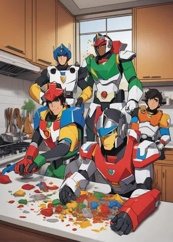 Write a funny scene involving the Voltron characters making a mess in the kitchen.,mess in the kitchen,chefs,together cleaning the house,cooks,cooking,boy's room picture,kitchen paper,domestic,cooking