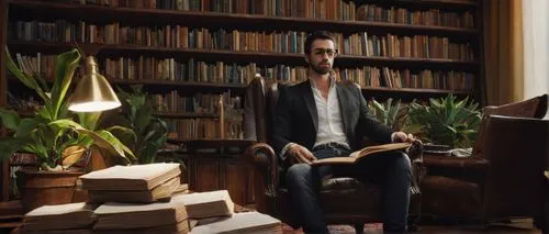 Architecture theory books, stacked, wooden bookshelves, dimly lit study room, leather armchair, warm golden lighting, soft shadows, classic interior design, ornate rug, green plants, reading lamp, gla