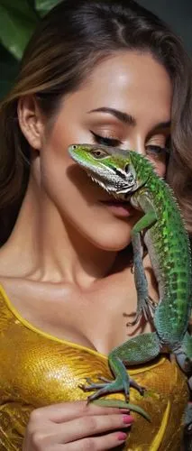 a woman holding a lizard while wearing gold dress,crocodile woman,missisipi aligator,caiera,caimans,reptil,herpetological