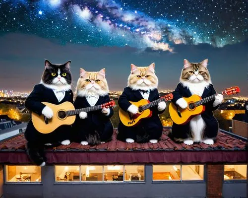 
three Persian cats in formal suits play guitars on the roof of a building on a starry night,three cats that are playing guitars on a roof,serenata,cats on brick wall,wilburys,tuxedoes,skygazers,cat p