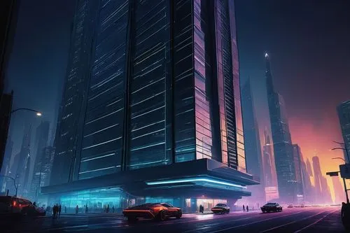 Modern futuristic skyscraper, MFE architecture, sleek metallic materials, reflective glass surfaces, intricate structural details, angular lines, neon lights, night scene, cityscape, busy streets, blu