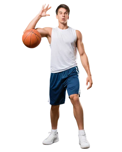 Young muscular man, athletic build, free throw posture, basketball in hand, focused expression, sweat dripping, messy short hair, casual sporty clothing, sleeveless shirt, loose fitting shorts, white 