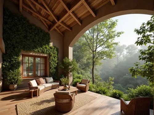 amanresorts,wooden beams,beautiful home,front porch,forest house,verandah,landscaped,chalet,tree house hotel,sunroom,treehouse,summer cottage,home landscape,summer house,porch,roof landscape,outdoor furniture,breakfast room,the cabin in the mountains,porch swing