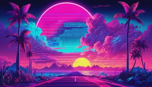 80's design,80s,neon arrows,miami,paradiso,vapor,retro background,futuristic landscape,tropics,lagoon,horizon,ultraviolet,dolphin-afalina,abstract retro,neon,aesthetic,dusk,palmtrees,retro music,vast,Conceptual Art,Sci-Fi,Sci-Fi 28