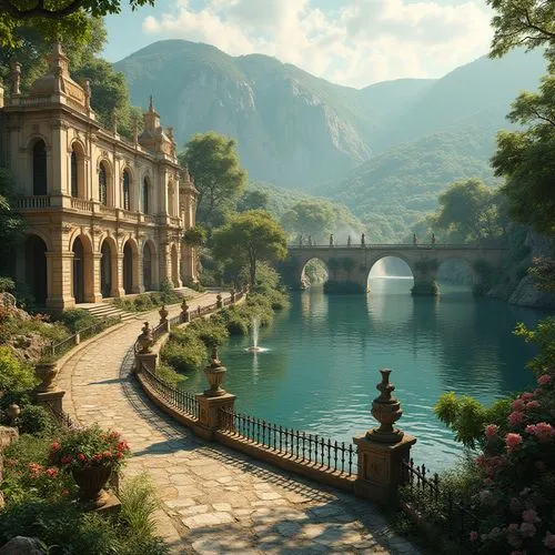 rivendell,fantasy landscape,gondolin,toussaint,dorne,nargothrond,fantasy picture,arcadia,beauty scene,idyllic,idyll,riverside,naboo,beautiful landscape,home landscape,scenic bridge,water palace,kotor,theed,river landscape,Photography,General,Realistic