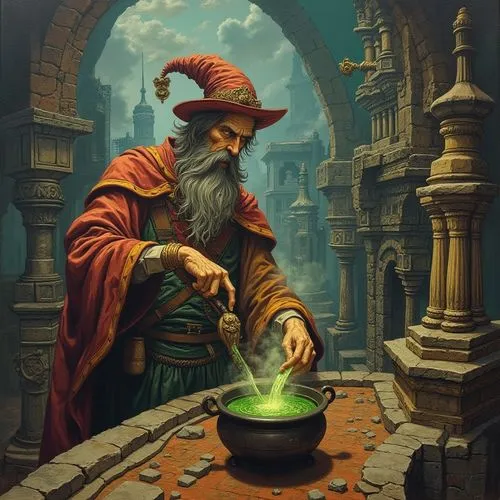 OPTICAL ILLUSION painting of { a wizard } {mixing a potion in his cauldron } in a M.C. Escher style architectural wonderland --ar 16:9 --stylize 250 --weird 25 --style raw,an old wizard looks at the g