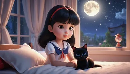 anime 3d,jiji the cat,cute cartoon image,cute cartoon character,moon night,moonda,moonan,anime cartoon,moonen,moonis,moon and star,jiji,moonlit night,night scene,moonie,moonlight,chocola,selene,moon,pet black,Unique,3D,3D Character