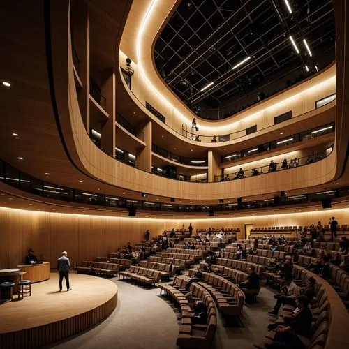 Curved auditorium, experimental architecture, wooden acoustic panels, sound-absorbing materials, tiered seating, suspended catwalks, dramatic lighting, minimalist decor, avant-garde design, futuristic