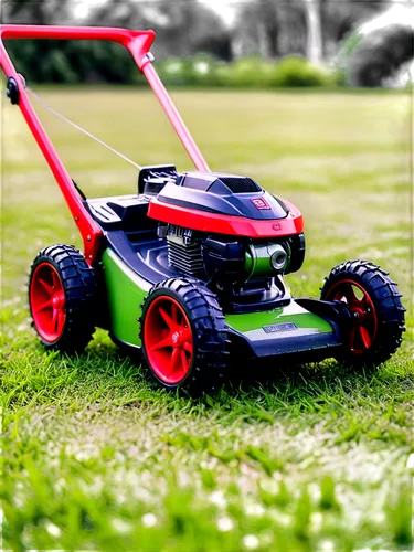 lawn mower, green grass, sunny day, sharp blades, red handle, black wheels, metallic body, realistic reflection, shallow depth of field, 3/4 composition, soft natural light, vibrant color tone, mornin