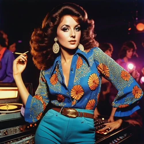 1970s fashion, retro woman, disco era, bell-bottom jeans, platform shoes, flowy blouse, big collar, bright colorful patterns, curly brown hair, bold eyeliner, thick eyebrows, glamorous makeup, chest d