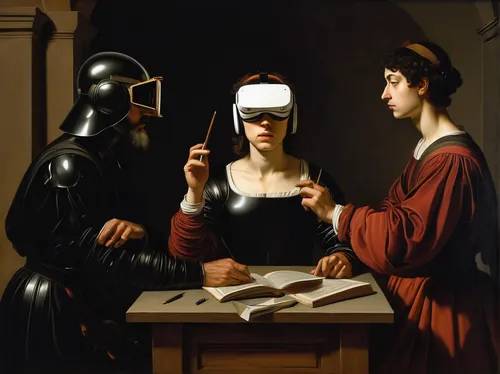 blindfold,contemporary witnesses,blindfolded,fortune teller,meticulous painting,oculus,blind folded,art dealer,optician,ball fortune tellers,virtual reality,examining,painting technique,woman eating apple,woman holding pie,épée,opera glasses,reading magnifying glass,woman holding a smartphone,droste,Art,Classical Oil Painting,Classical Oil Painting 05