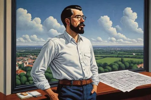 Male architectural designer, 30s, handsome, glasses, short black hair, beard, white shirt, rolled up sleeves, dark blue jeans, brown leather belt, sneakers, standing, holding a blueprint, pencil in mo