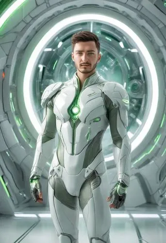 one male futuristic human being, upperbody, closeup, background is a white room with one large white lamp in the middle, in the style of futuristic, sci-fi elements, lively nature scenes, uniformly st