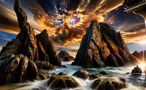 fantasy landscape,fantasy picture,fantasy art,futuristic landscape,alien planet,volcanic landscape,alien world,geological phenomenon,3d fantasy,terraforming,rock formation,rock formations,virtual landscape,background with stones,space art,planet alien sky,world digital painting,maelstrom,rock forms,sea landscape