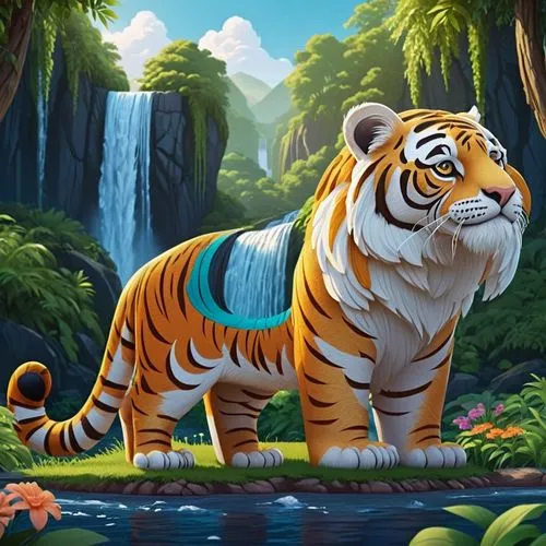 tiger with two large front teeth is standing in luscious forrest with waterfalls in the background,an orange tiger standing by a waterfall,bengal tiger,a tiger,asian tiger,siberian tiger,tiger,tiger p