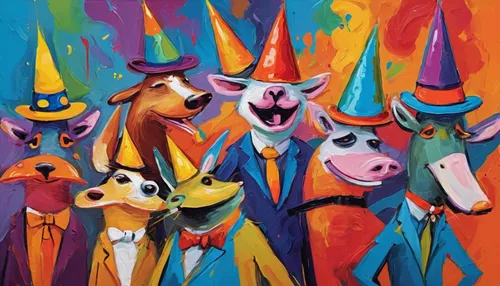 llamas,whimsical animals,color dogs,oxen,party hats,herd of goats,masquerade,circus animal,happy cows,unicorns,bazlama,the animals,animals,animal train,unicorn art,fête,cow-goat family,animal balloons,orchesta,donkeys,Conceptual Art,Oil color,Oil Color 20