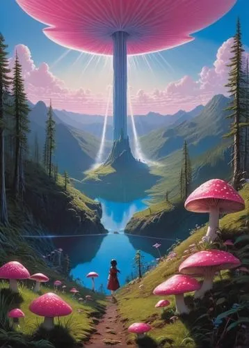 mushroom landscape,mushroom island,fairy world,fairytale,colorful,forest