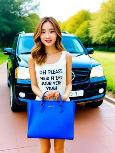 Oh please, I need you to take me with you on your great journey!,a woman standing in front of a blue car holding a purse,volkswagen bag,hyoty,esna,omo,ailee,poki