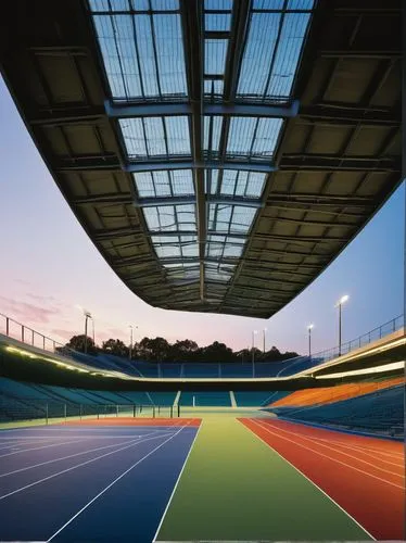 Stadium, sports complex, modern architecture, sleek lines, curved roof, transparent glass walls, steel beams, concrete columns, vibrant LED lights, evening atmosphere, sunset glow, surrounding trees, 