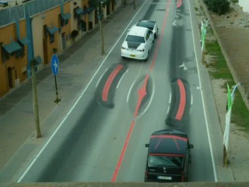 tres rampas en la via 
via de concreto 
dos carros 
caminos laterales para personas,there is a red street sign that says a white car,bus lane,bicycle lane,car outline,autonomous driving,road marking,e