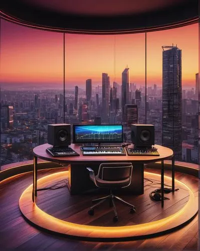 control desk,director desk,sound table,mixing table,boardroom,modern office,electrohome,control center,computer room,music studio,recording studio,home studios,aqua studio,console mixing,apple desk,sound studio,studios,bureau,radio set,rental studio,Illustration,Japanese style,Japanese Style 17