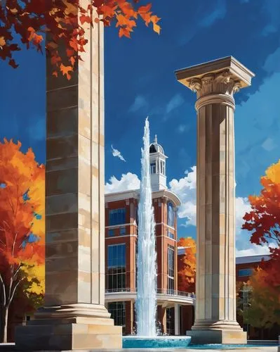 city fountain,columns,fall landscape,pillars,doric columns,fountains,autumn scenery,water fountain,autumn background,fountain pond,fountain,three pillars,decorative fountains,fountain of friendship of peoples,august fountain,columned,tower fall,autumn park,neoclassical,autumn landscape,Illustration,Black and White,Black and White 31