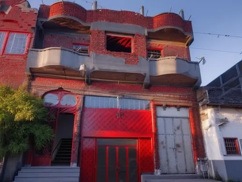 White walls, gray warehouse, glass windows, red wood door ,firehouses,firehouse,syringe house,firehall,chacarita,fire escape,valparaiso,laveau,abandoned building,divisadero,lafd,fire station,rowhouse,