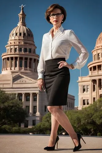 Texas Board, architectural examiners, mature lady, 40s, short brown hair, glasses, formal business attire, white blouse, black pencil skirt, high heels, standing, confident posture, hands behind back,