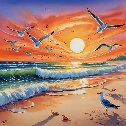 sea gulls,gulls,flying sea gulls,sea birds,seagulls,beach landscape,Illustration,Abstract Fantasy,Abstract Fantasy 13