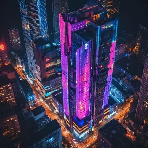 Modern skyscraper, futuristic cityscape, vibrant neon lights, intricate details, metallic materials, sleek glass windows, angular structure, bustling streets, evening atmosphere, pedestrian traffic, s