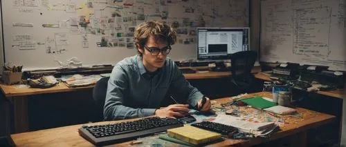 Computer architecture, CPU, instruction set, addressing modes, programmer, coding, desk, chair, glasses, messy hair, focused expression, dimly lit room, whiteboard, markers, diagrams, circuits, wires,