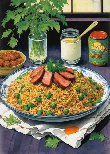 Enjoy Tasty Spam Fried Rice,rice dish,spiced rice,hayashi rice,pilaf,yeung chow fried rice,saffron rice,arroz con gandules,arborio rice,jasmine rice,bowl of rice,risotto,mixed rice,flattened rice,spec