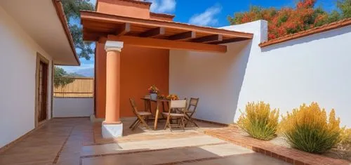 REMODELACION DE UNA CASA CON ESTILO MEXICANO, USO DE COLORES VIVOS, MADERA, PISOS DE BARRO, FLORES Y UN ESPEJO DE AGUA CON FUENTE EN UN MURO,a dining room with tables and chairs in an enclosed area,pa