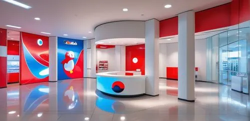 Pop-up exhibition space design, main colors are white, red and blue, curved ceiling recessed lights, reflective glossy floor, clean modernist style, columns with straight pattern, Pokemon ball logo an