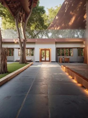 a courtyard with lights under and trees in the center,carport,carports,driveways,driveway,mid century house,bendemeer estates,Photography,General,Natural