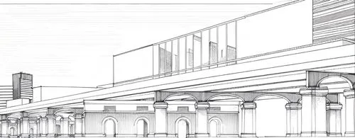 city background, night,street plan,kirrarchitecture,colonnade,multi storey car park,transport hub,columns,subway station,line drawing,elevated railway,facade panels,multistoreyed,technical drawing,arc