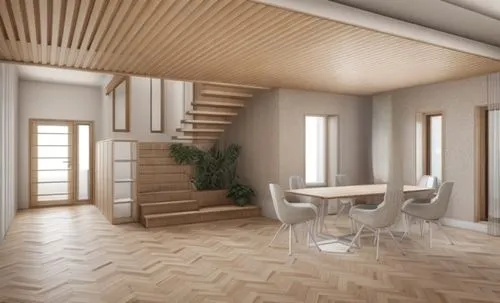 3d rendering,patterned wood decoration,wooden floor,parquet,danish house,wood floor,wood flooring,daylighting,hardwood floors,dining room,interior design,hallway space,wooden stairs,home interior,interior modern design,core renovation,timber house,kitchen design,modern room,loft