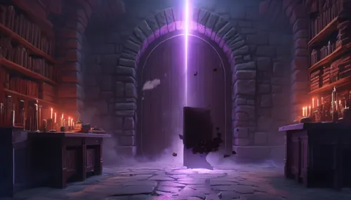 Purple lightning explodes through a door. Pieces of debris go flying.,diagon,hall of the fallen,hogwarts,blackgate,the threshold of the house,spellbook,wizarding,caius,gringotts,shadowgate,the door,mo