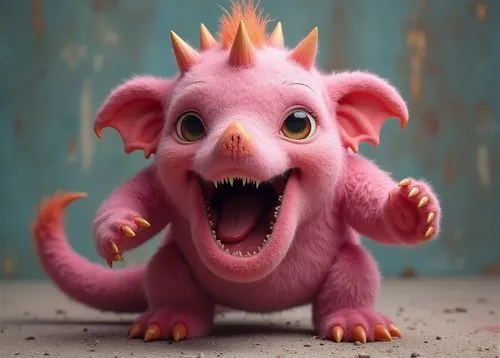 potwór,milusi,ogromne stopy,mały,średni,kolce na głowie,trąba,ogromny ogon i paszczę,rózowy,pink,bajkowy,a baby pink creature with spiked spikes and teeth,clanger,pinkola,murgatroyd,luarsab,pinklon,li