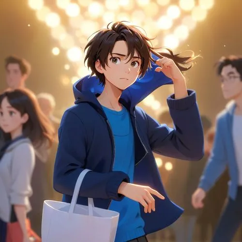  with blue shirt and bag standing in front of an object,katsuyuki,shopping icon,eiji,heiji,yukiya,mamoru,Anime,Anime,Cartoon